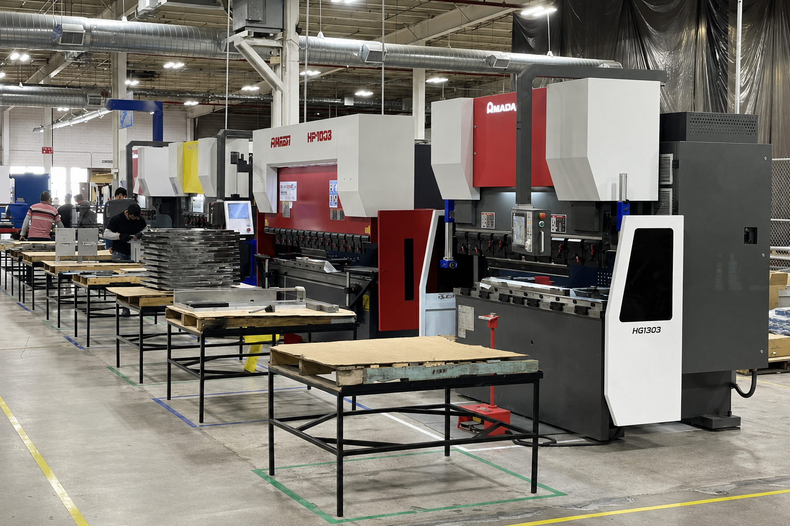 Amada press brakes lined up on the production floor